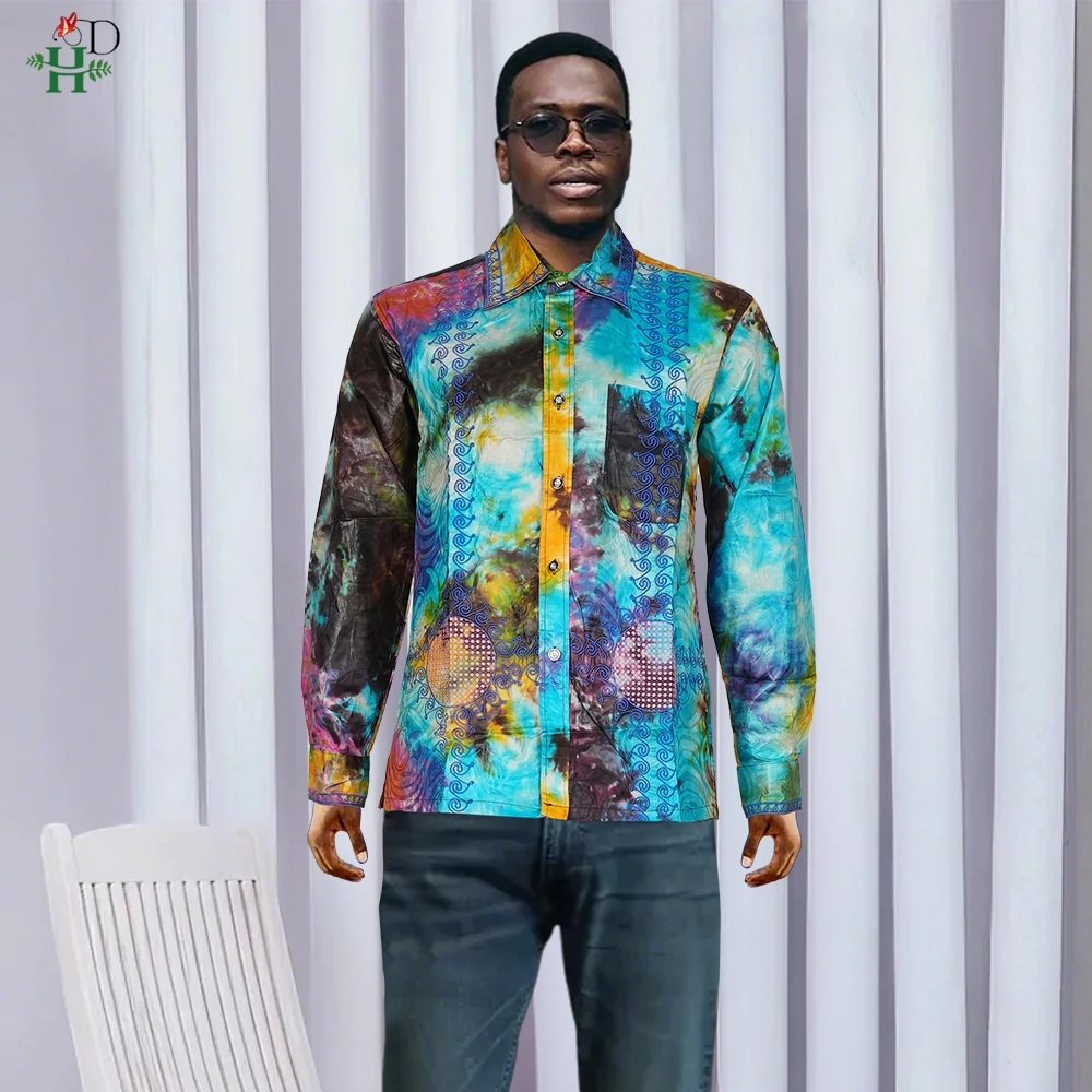 H&D African Mens Clothing Traditional Ankara Dashiki Men Shirt Embroidery Shirt Fashion Print Bazin Blue 2024