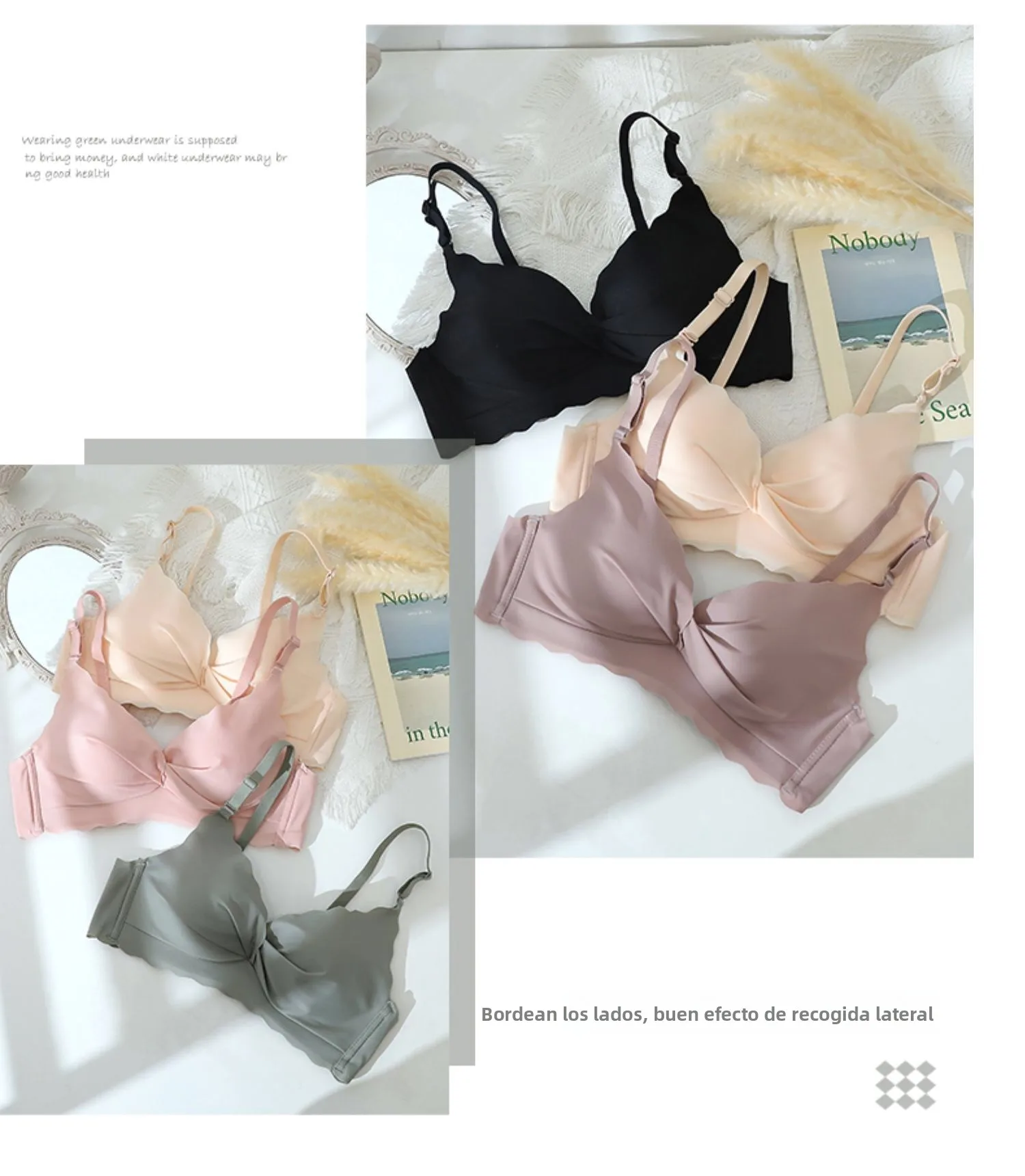 Conjunto de sujetador y bragas sin costuras para mujer, color blanco, fino, con efecto push-up, sin aros, ropa interior cómod...
