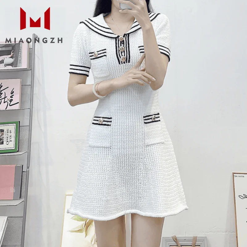 

High Quality Elegant Dress Knitted For Women Sailor Collar Stretch Slim 2025 Summer New Temperament Female Fashion Party Dresses