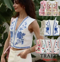 TRAFZA Elegant Flower Embroidered Vest Women's Romantic Multi-style Embroidery Vest New 2024 Summer Holiday Picnic Date Vest