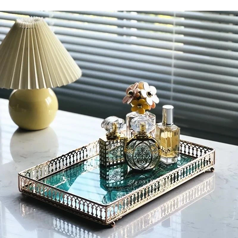 Glass Storage Tray Metal Stand Cosmetic Jewelry Candy Snack Dessert Plate Household Rectangular Bathroom Containers