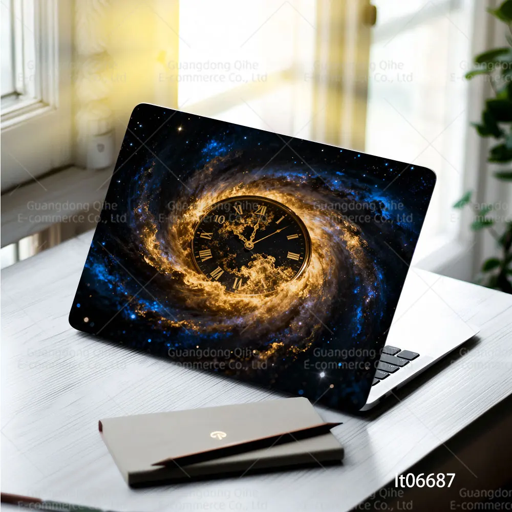 2PCS Galaxy Clock Laptop Skin Sticker, Space Time Universe Design Decal Cover for Macbook HP Dell Lenovo 11-17 inch