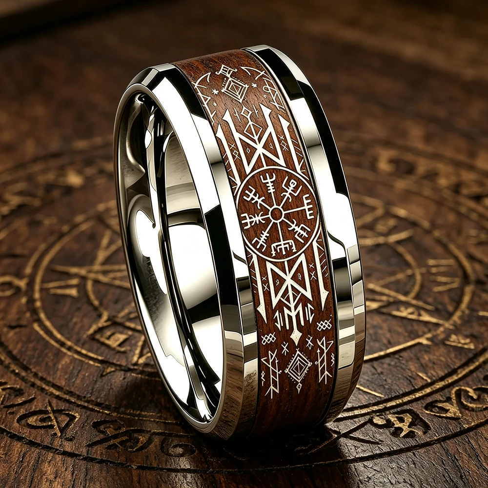 Wikinger-Kompass Vegvisir Ring mit Holzeinlage Vintage Nordischer Wikinger-Runen Edelstahlring für Männer und Frauen Amulett Schmuck Geschenke – Detail 3