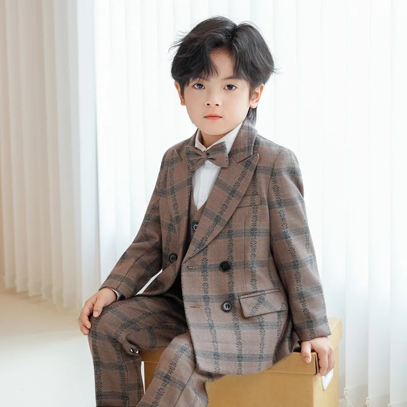 Children's Autumn Winter Plaid Suit British Gentlemen Formal Suit First Birthday Flower Boys Suit Outfit Junior Boy Clothes Sets