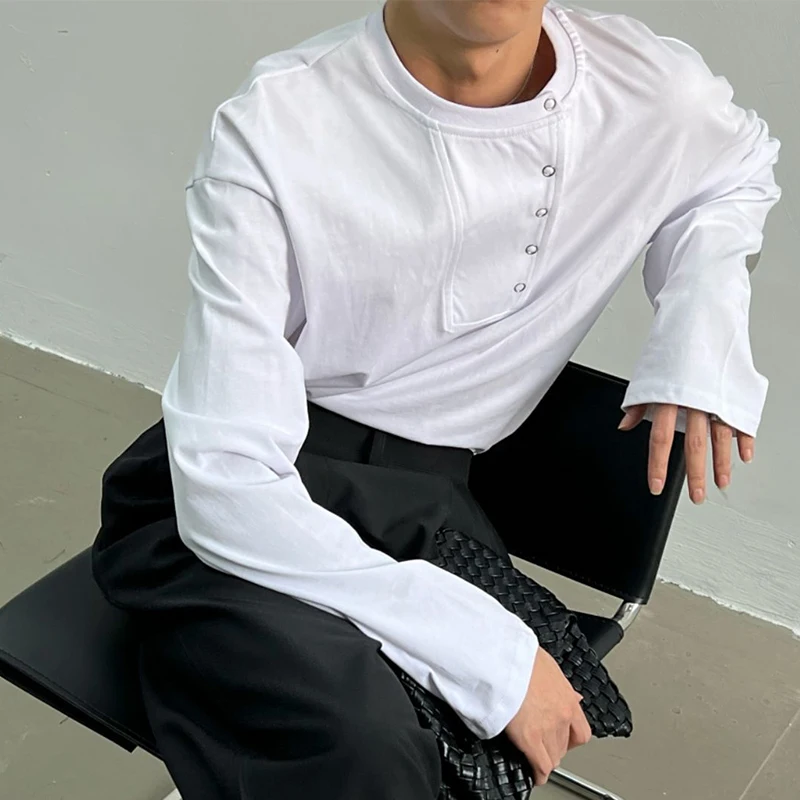 Fall Winter Collapsible O Neck Button Men Long Sleeve Sweatshirt Fashion All-match Casual Loose T Shirt Black White Khaki Unisex