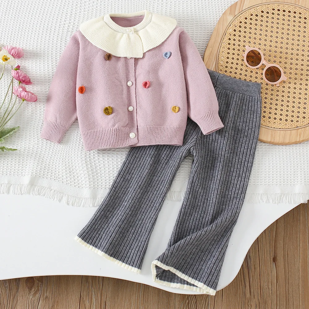 2026 New Arrival 2-6 Years Girls Knitted Cardigan Set with Ruffled Collar & Fashion Heart Patches Spring - Autumn Outfit