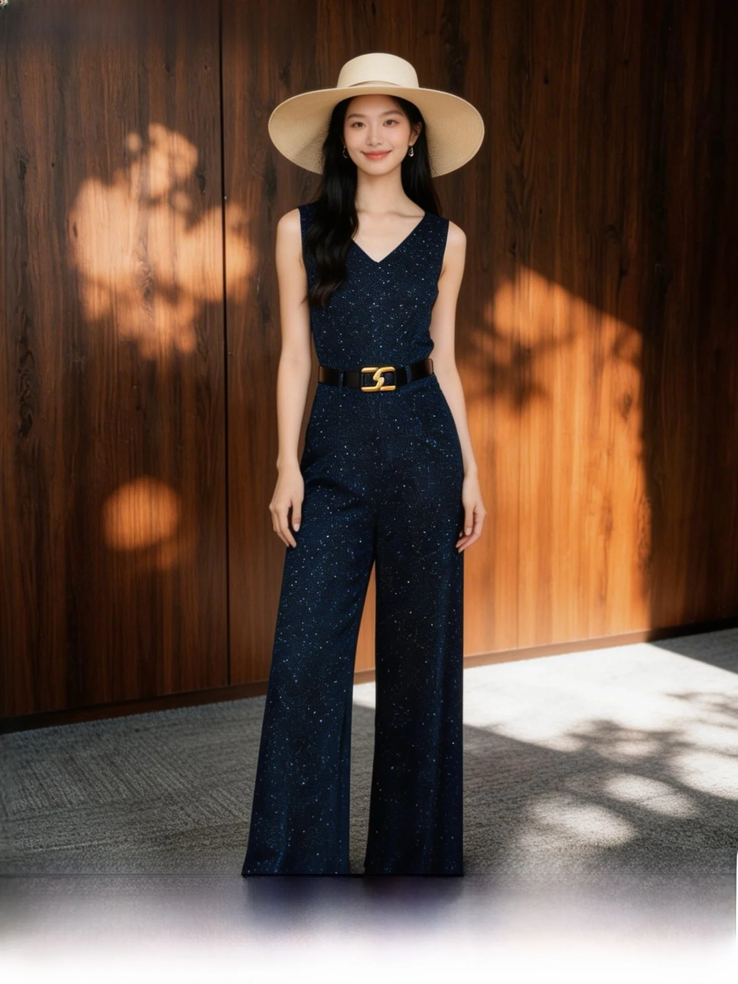 

Широкие брюки для похудения, темно-синие, с V-образным вырезом, модные повседневные брюки для отпуска, длинные брюки с высокой талией, полиэстер, HT683