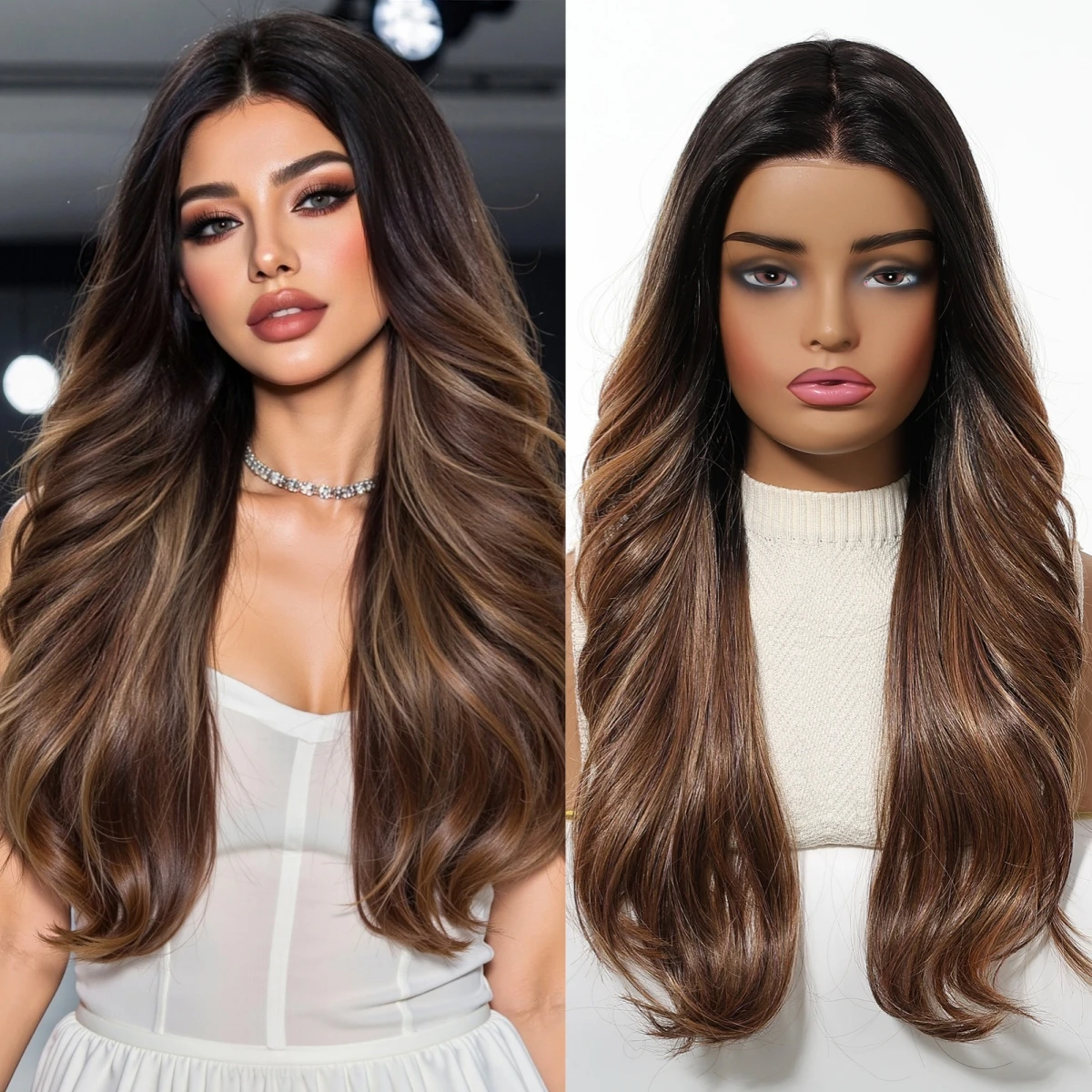 HAIRCUBE MONO Wig Sintetis Depan Renda Coklat Wig Bagian Bebas Alami Rambut Palsu Panjang Bergelombang untuk Wanita Pesta Harian Tahan Panas