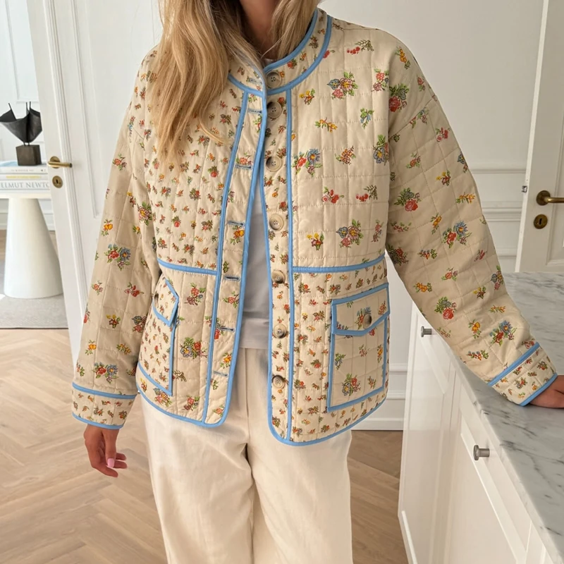 Autumn Quilted Jacket Lightweight Cottage Floral Print Button Long Sleeves Cardigan for Outwear Vintage Y2K Coats Streetwear