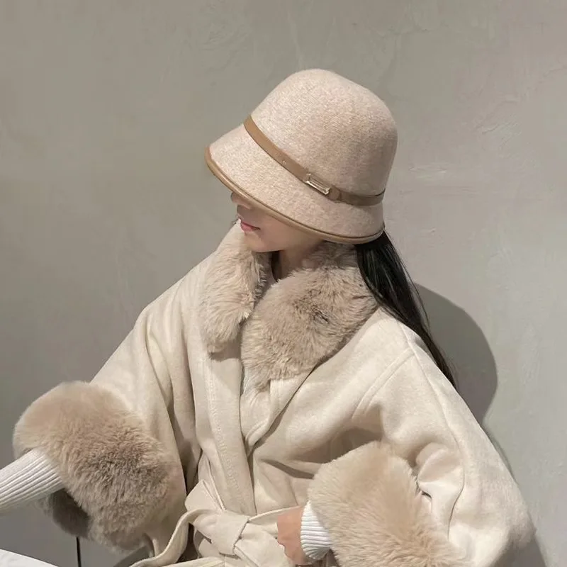 Simple wool fisherman hat female autumn and winter warm woolen woolen hat pu belt metal square buckle basin hat