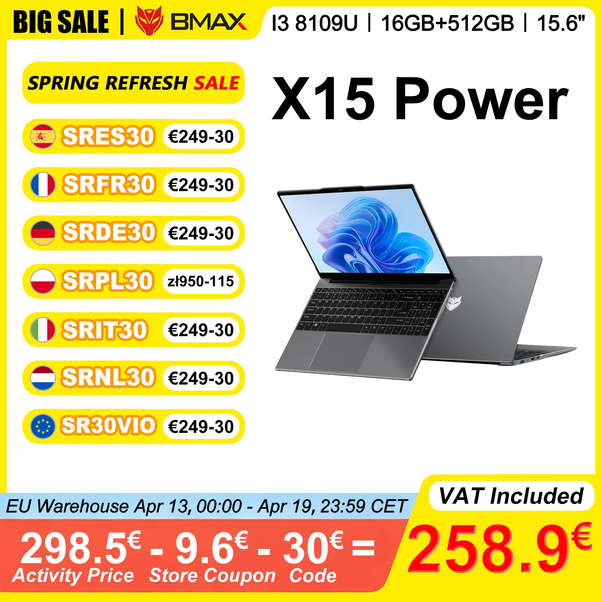 Laptop BMAX X15 Power 15,6 cala 16GB RAM 512GB SSD Intel I3-8109U Windows 11 Notebook 1920*1080 HDMI Wifi USB PC