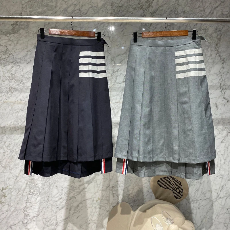 New Spring Korean Fashion Women Skirt Tb White Four Bars Midi Pleated Faldas Largas College Classic Striped Long Jupe Mujer