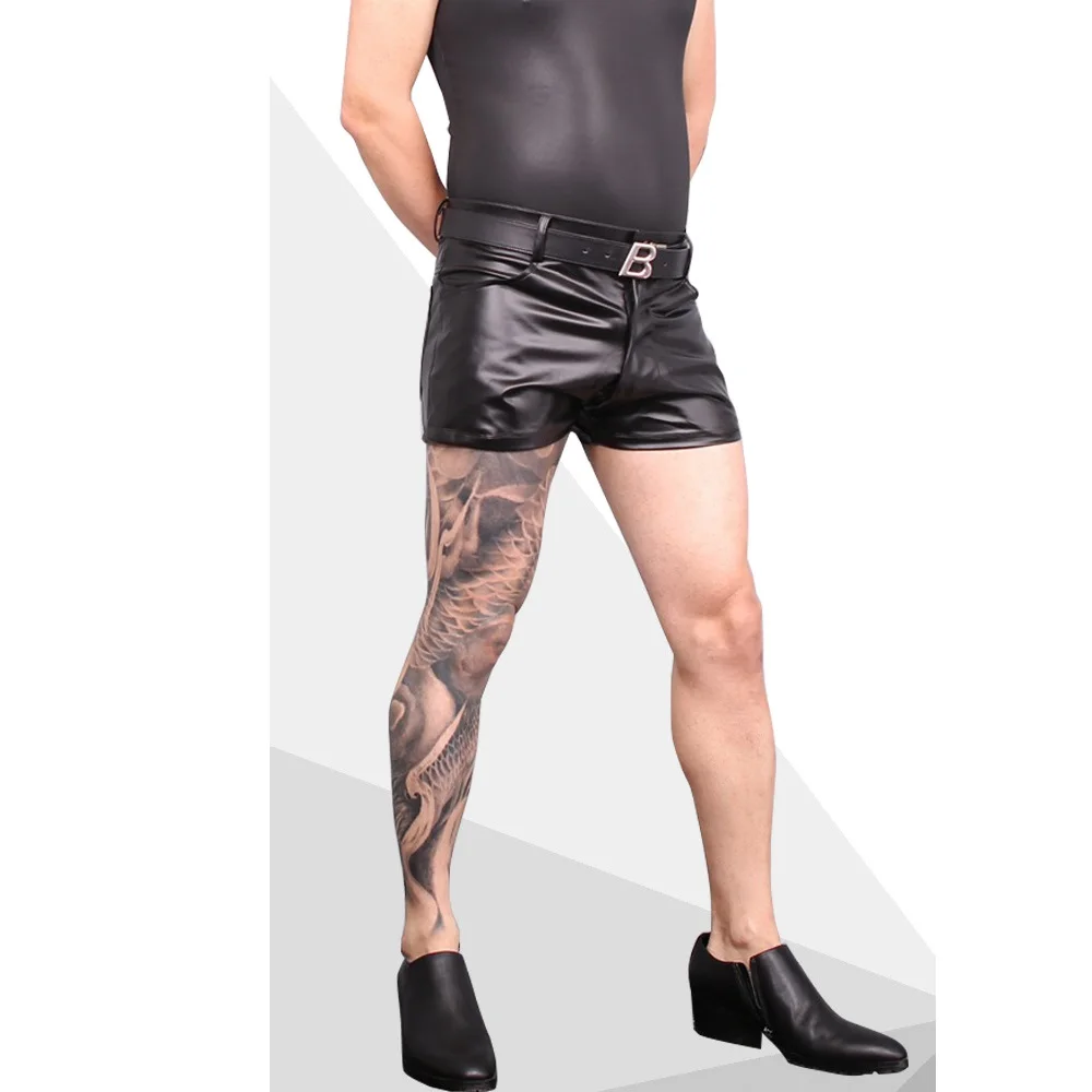S-3XL Oil Elastic PU Leather Short Jeans Pockets Shorts Hot Pants Trunks Tight Micro Mini Bermdas Casual Pantalones Cortos Boxer