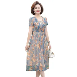 New women summer clothing Flower printed V neck dresses casual elegant party mid-length Mesh Vestidos