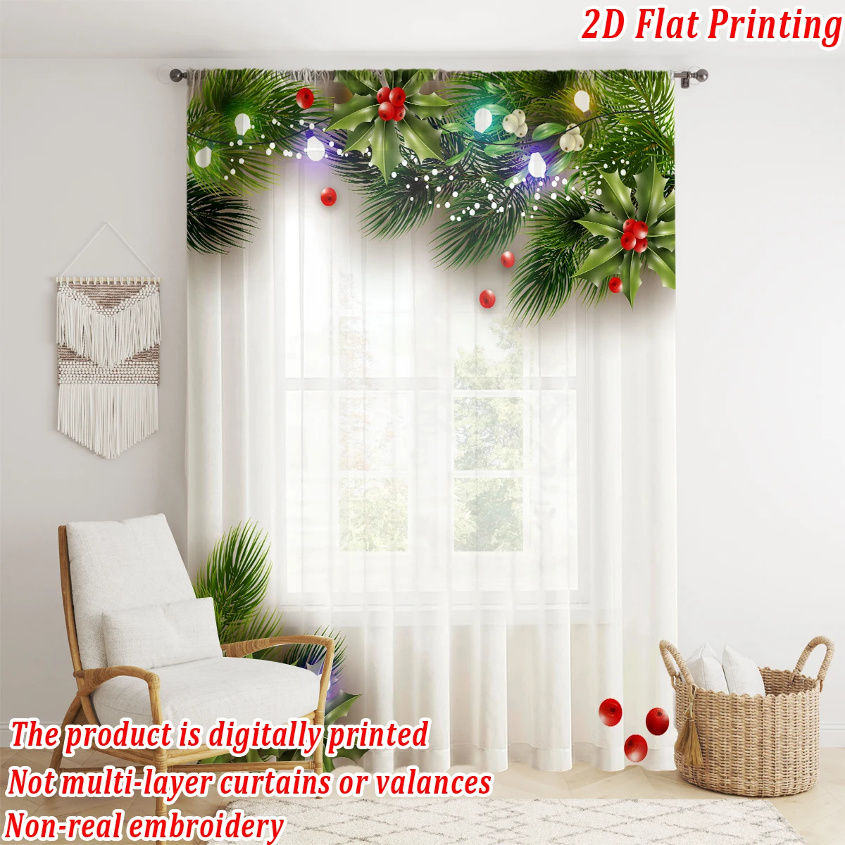 Christmas Flat Printing Sheer Curtain with Christmas Mistletoe Pine Ornament Branch for Living Room Bedroom Decor Holiday Party