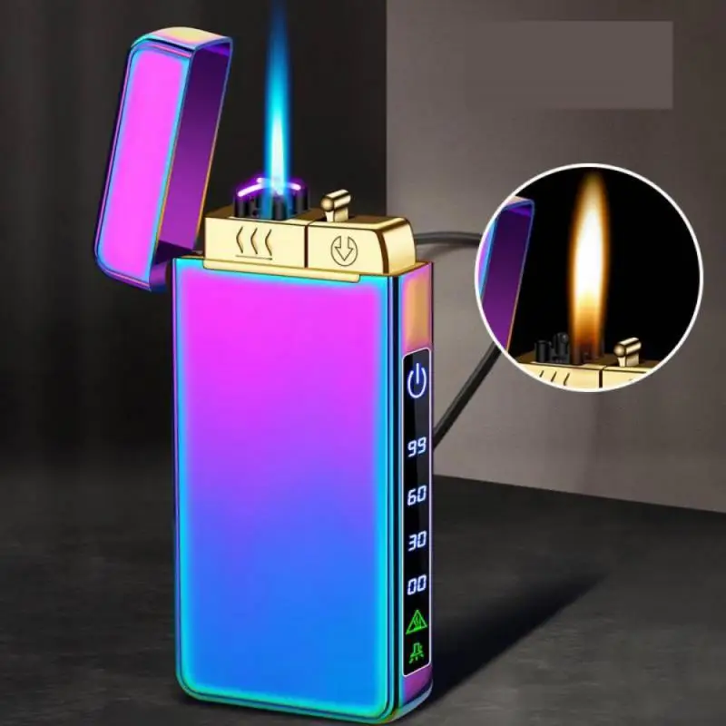 New Metal USB Windproof Electric Lighter Jet Dual Plasma Arc Lighter Gas Electric Butane Rechargeable Pipe Cigar L (No Gas