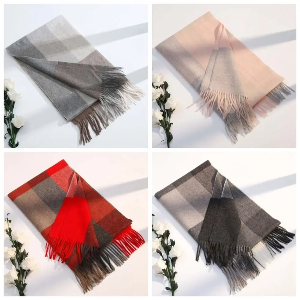 Gifts Wool Classic Plaid Scarf Polyester Soft Knitted Wool Scarf Korean Style Contrast Color Long Neckscarf with Tassel Couple