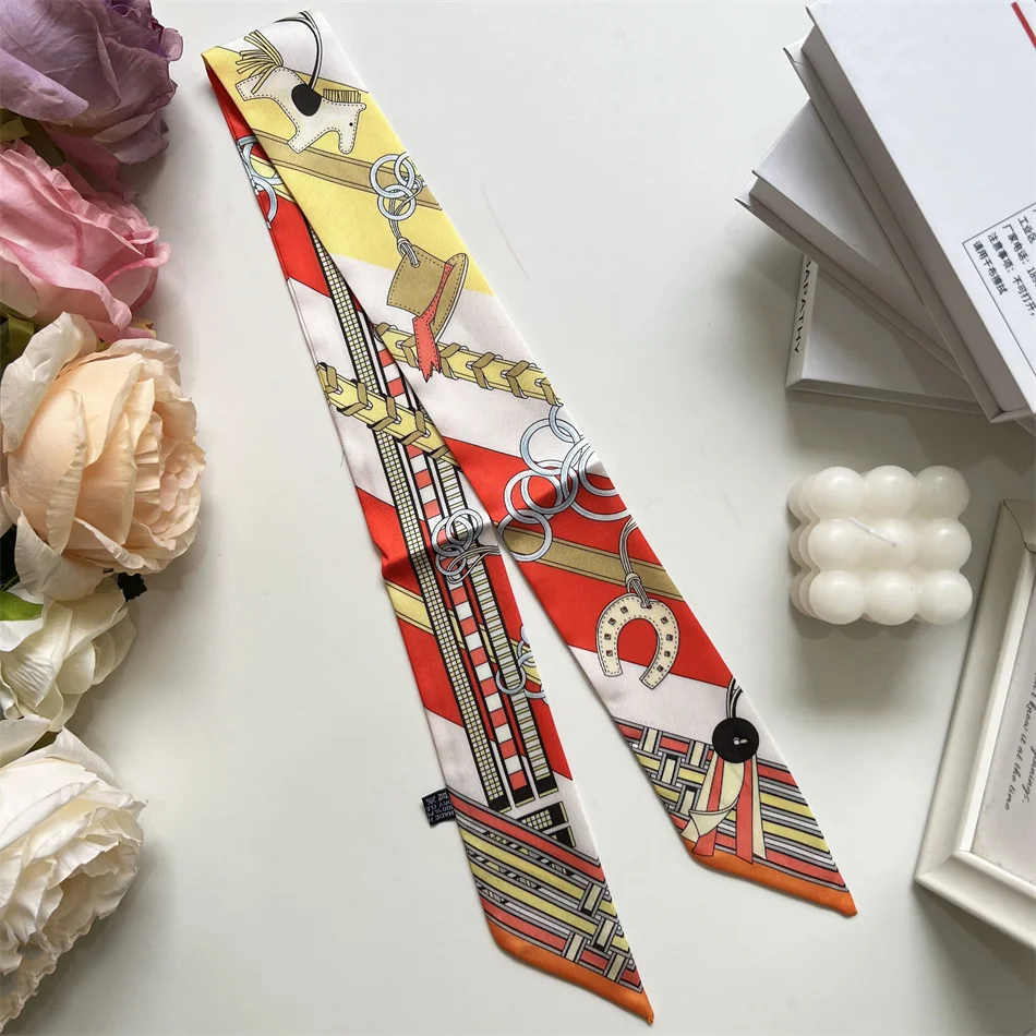 새로운 롱 스몰 실크 스카프 헤어밴드 여성용 양면 우아한 바인딩 스트랩 스트리머 스몰 스카프 선물 리본 실크 스카프