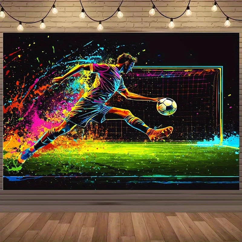 Soccer Player Tapestry Neon Sports Action Painting Wall Decor for Game Room Teen Boy Bedroom Dynamic Energy Football FanGiftIdea