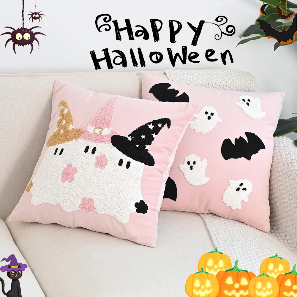 

Halloween Pink Velvet Cushion Cover 45x45cm Cute Ghost Embroidered Pillow Case Soft Plush Home Decor Throw Pillow Cover for Sofa