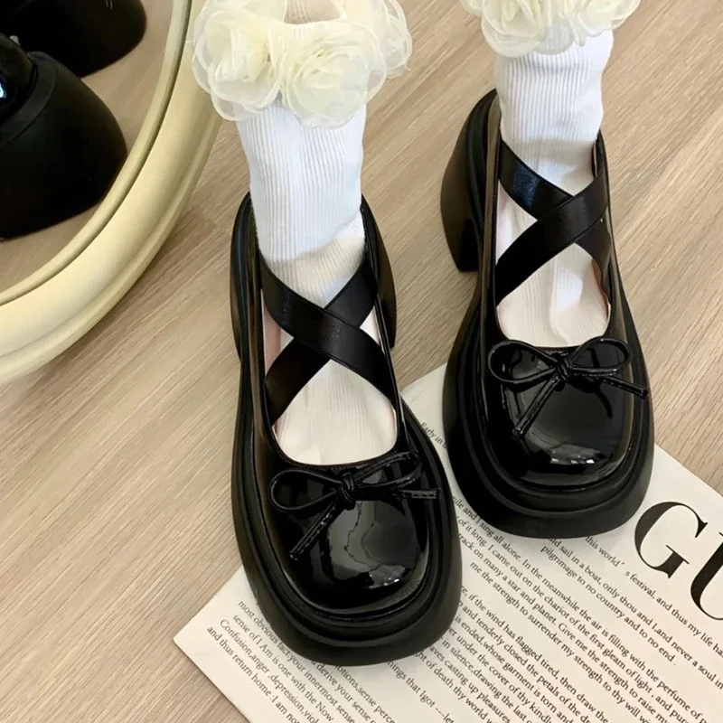 Bow Women Platform Marie Jane Shoes Mid Heels Fashion Sandals 2024 Summer New Thick Pumps Casual Chunky Women Lolita Shoes