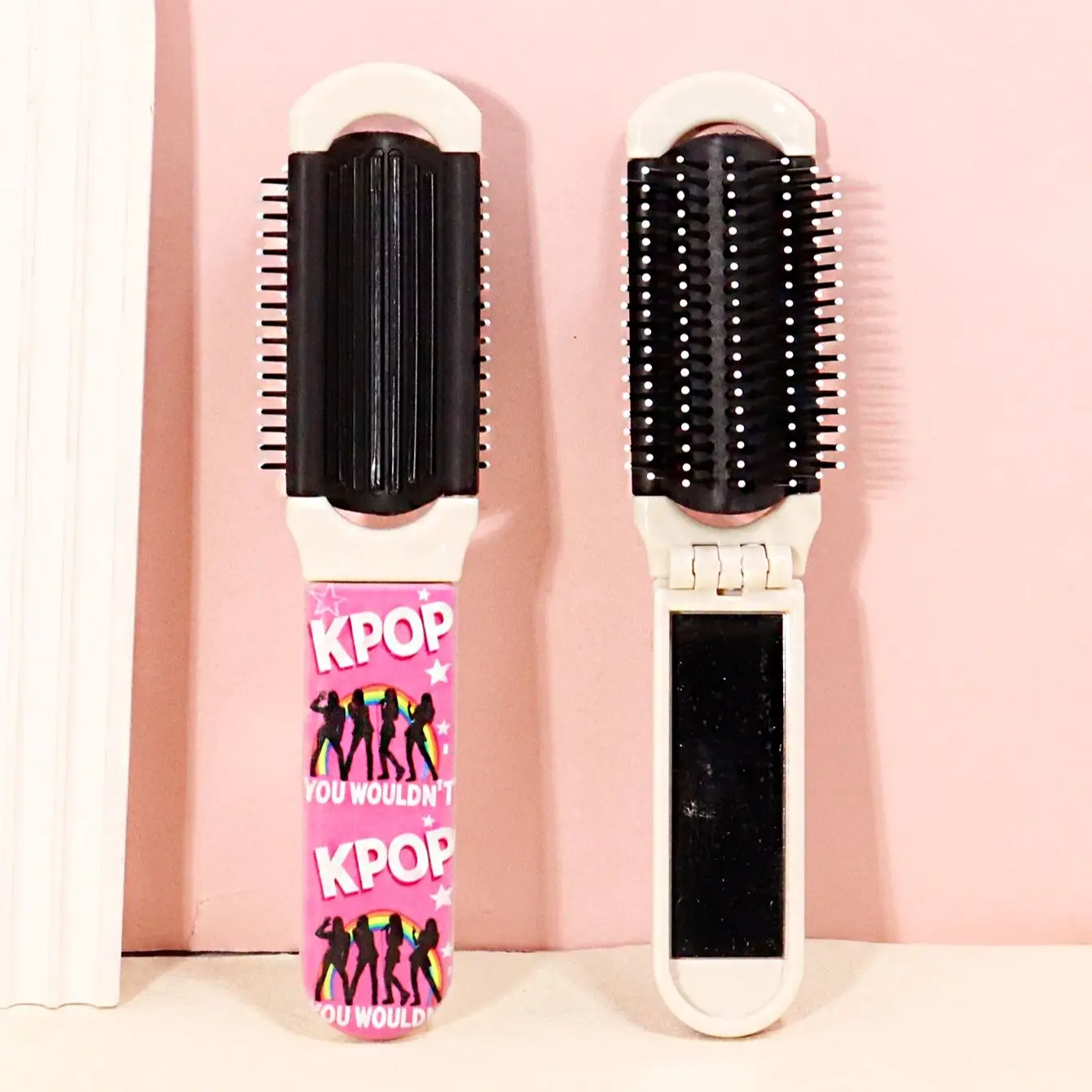 

K-POP Folding Mirror Comb - Girl Group and Rainbow Pattern, Portable Scalp Massage Comb Special for real hair wigs