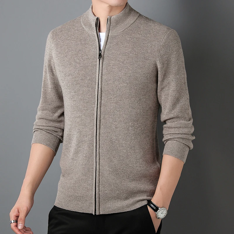 Men\'s 100% Cashmere Wool Cardigan Autumn & Winter Fashion Zipper Sweater Coat Long Sleeve Knitwear Sheep Wool Sweater Cardigan