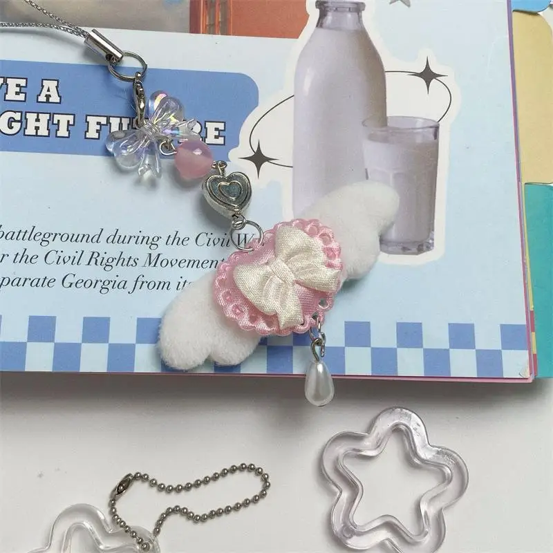 Cordão de Telefone com Laço de Asas de Anjo Fofo e Doce, Chaveiro, Corrente Anti-Perda para Celular, Enfeites para Bolsa, Presentes Charmosos para Celular Feminino