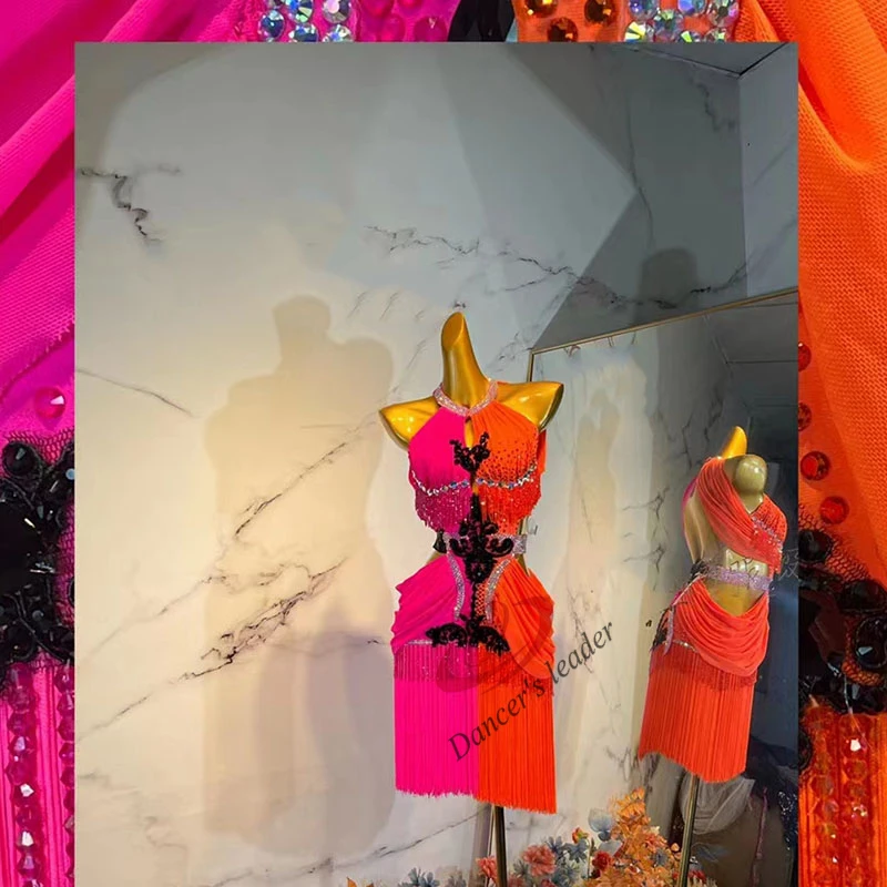 

Latin Dance Competition Women's High end Customized Hanging Neck Contrast Tassel Rumba Chacha Dress for Children