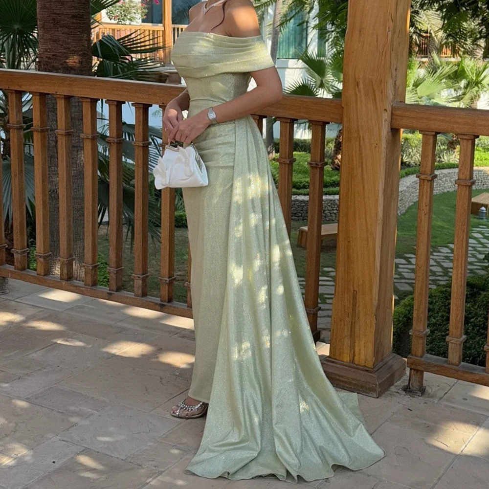 Customized Exquisite Sequined Off the Shoulder Satin Evening Dress Formal Straight Boat Neck Short Sleeves Homecoming Dress