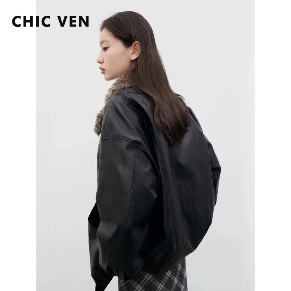 CHIC VEN Koreańskie płaszcze damskie ze sztucznej skóry, luźne, jednolite kurtki PU, damska kurtka puchowa z 90% białego puchu kaczego, odzież wierzchnia jesień-zima 2026