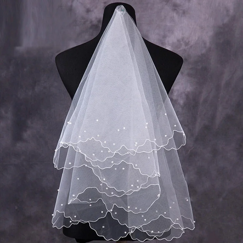 Wedding Veil with Beaded Edge Short Bridal Veil with Comb1 Layer Pearl for Women Bride B