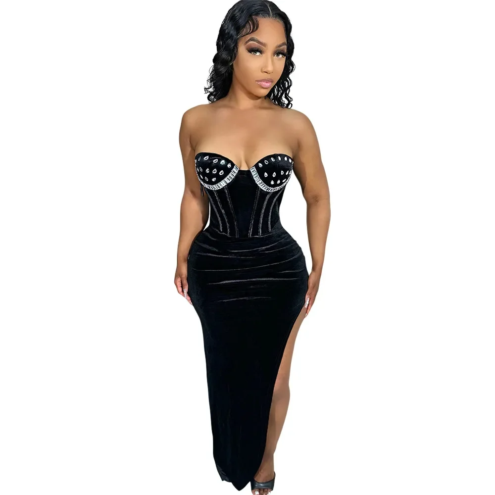 Imagem -03 - Sexy Rhinestone Prom Velvet Slit Corconjunto Dress Vestidos Longos Bodycon Festa Noturna Elegante Celebridade de Luxo sem Alças Boate Noturno