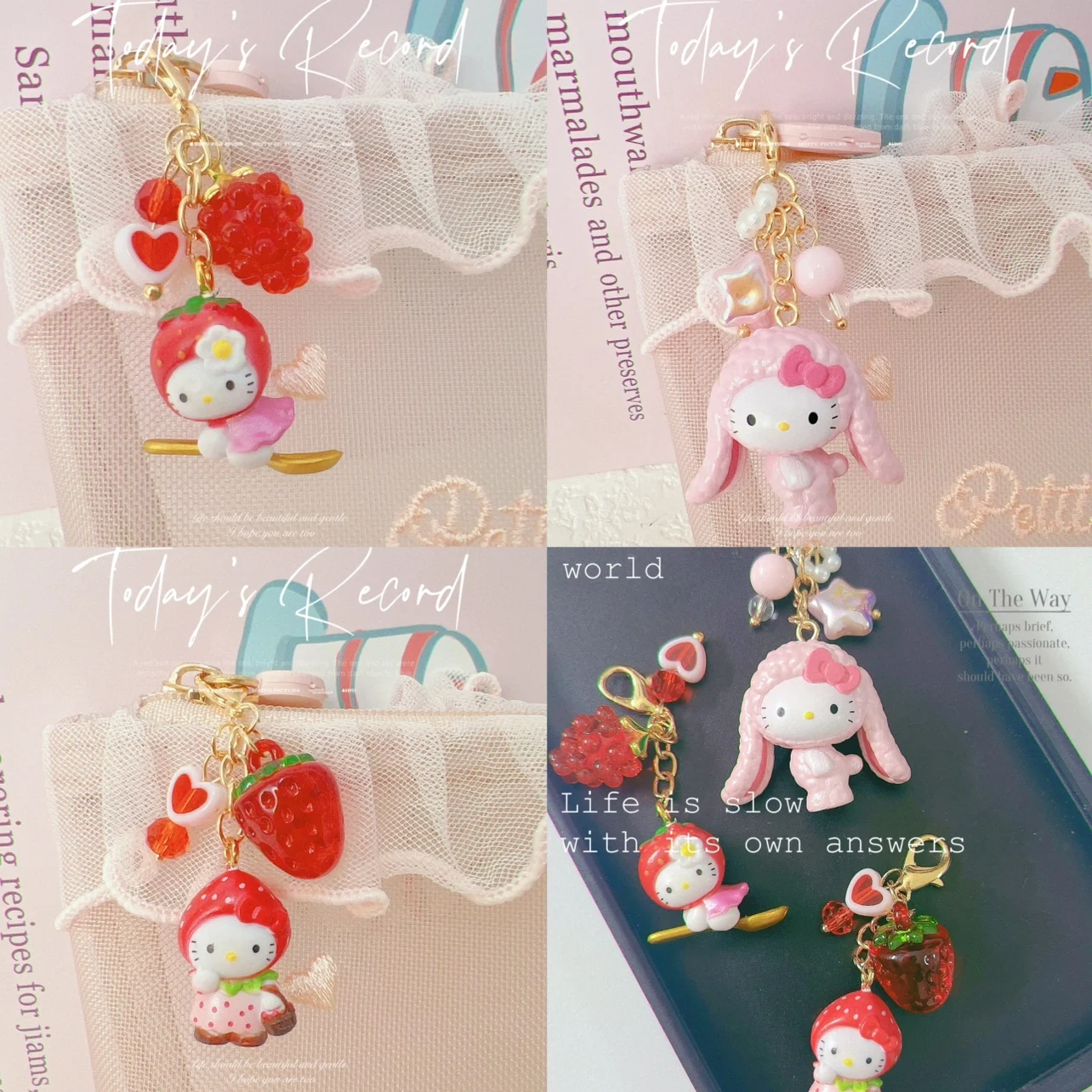 

kawaii hello kitty cute keychain my melody series strawberry rabbit ears versatile bag pendant zipper buckle mini animation