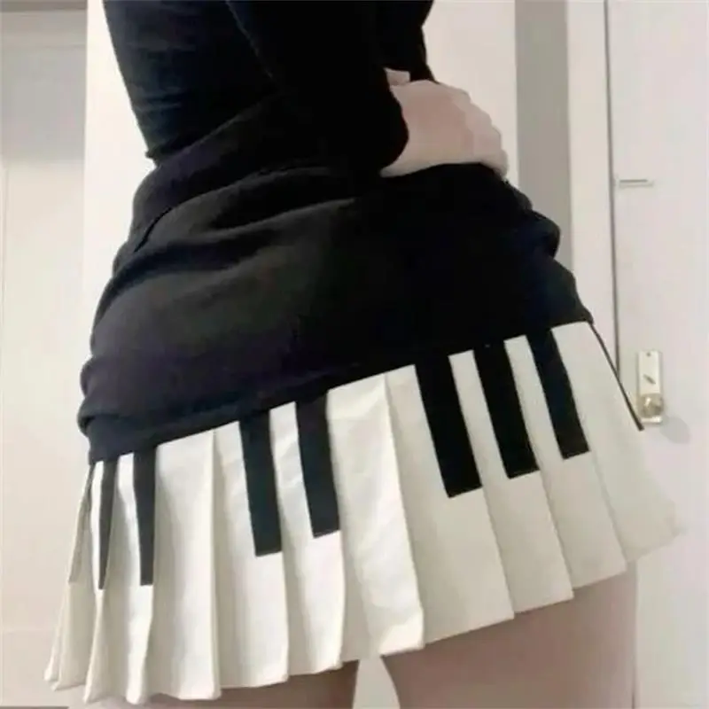 American Retro Sweet Black White Piano Skirts 2026 Summer New Pleated Skirt Woman Y2k Slim Fit High Waist Faldas Mujer