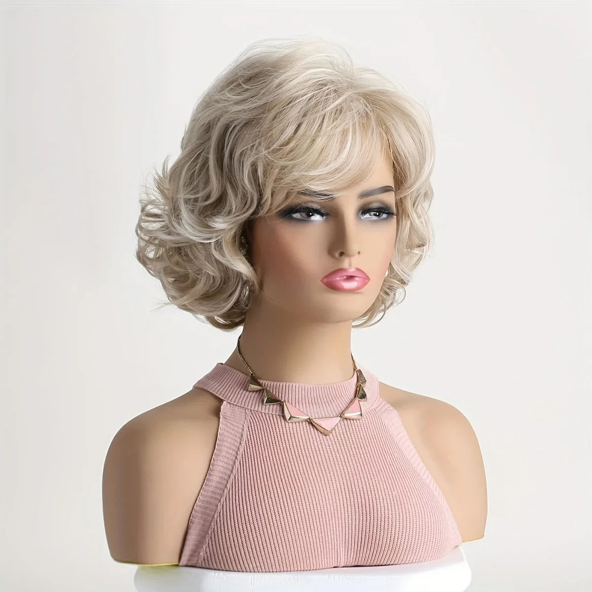 Synthetic Women'S Light Blonde Short Curly Wig with Side Bangs Temperature Fiber Elastic Cap, Perfect for Parties and Daily Wear