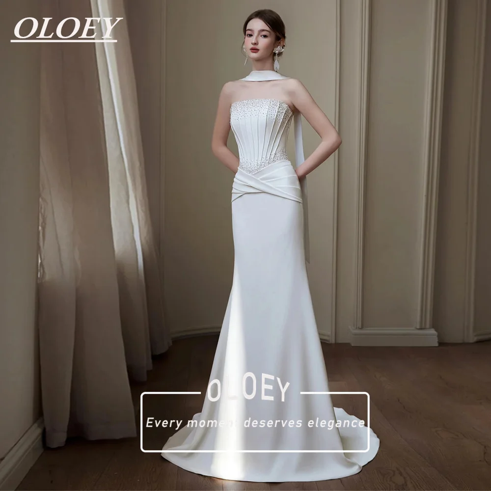 OLOEY Luxury Strapless Mermaid Wedding Dress With Scarf Korea Photoshoot Mikado Satin Floor Length Bridal Gown Customized Corset