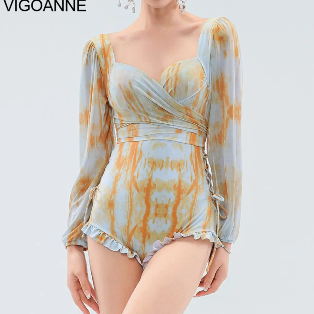 

VigoAnne Print Long Sleeve Swimwear Women 2024 Push UP Verge One Piece Swimsuit Korean Closed Monokini Summer Beach Bathing Suit