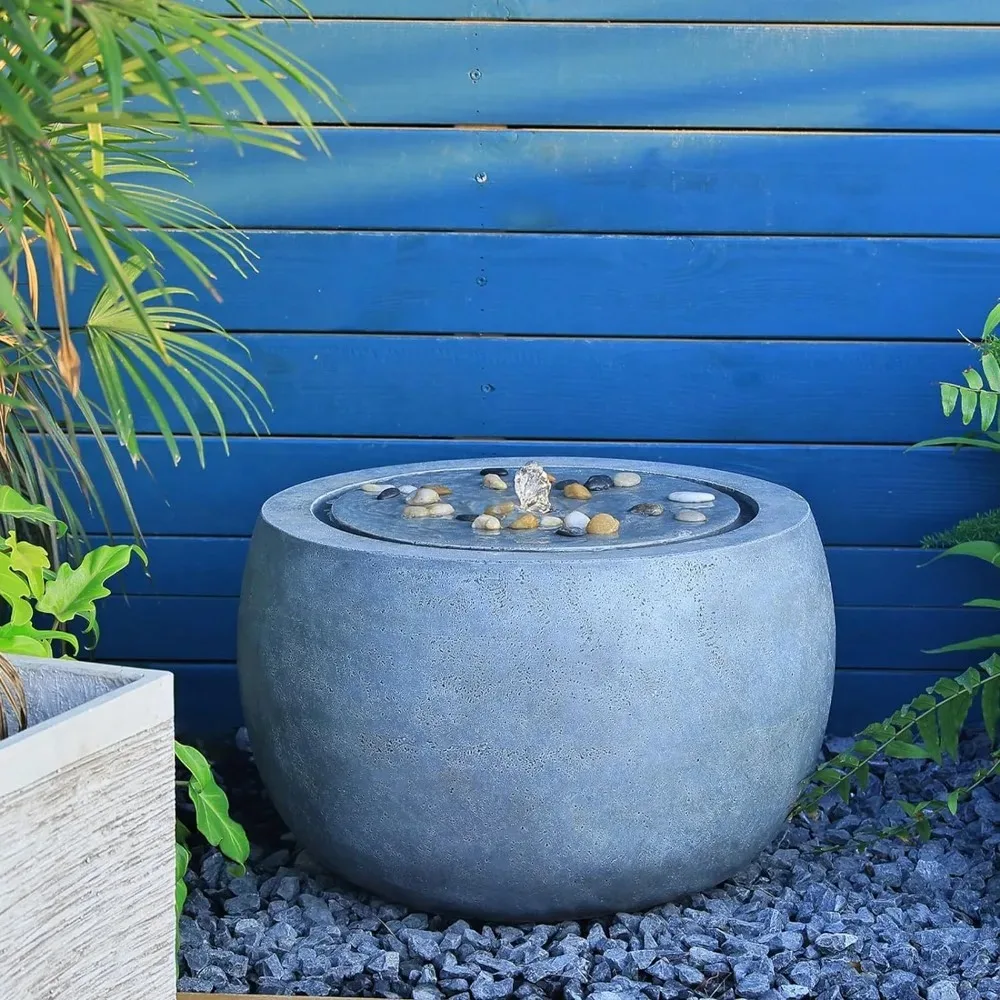 

Outdoor Fountain with Lights, Pump, Round Fountain, Concrete Effect Patio Deck, Pond, Yard Home Décor