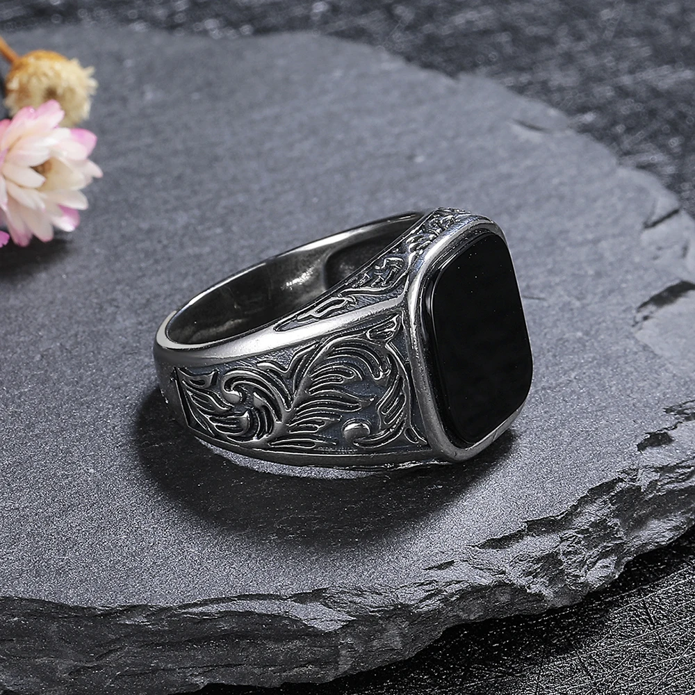 Men's Black Agate Wedding Band Ring, Gift
