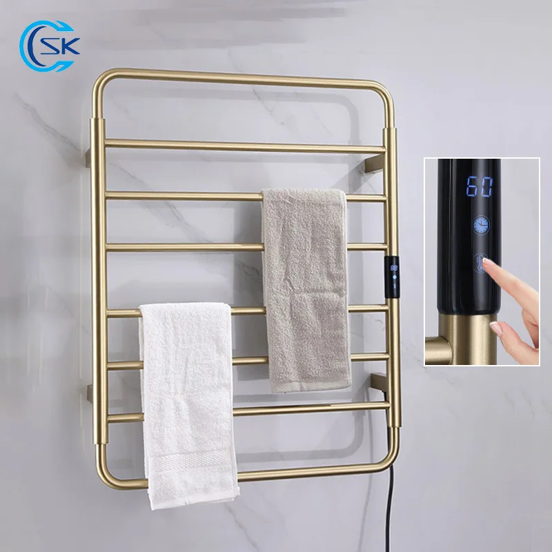 Brushed Gold Bathroom Towel Warmer Timing Electric Towel Rail 304 Stainless Steel Electric Towel Rack Fast Drying Towel Heater