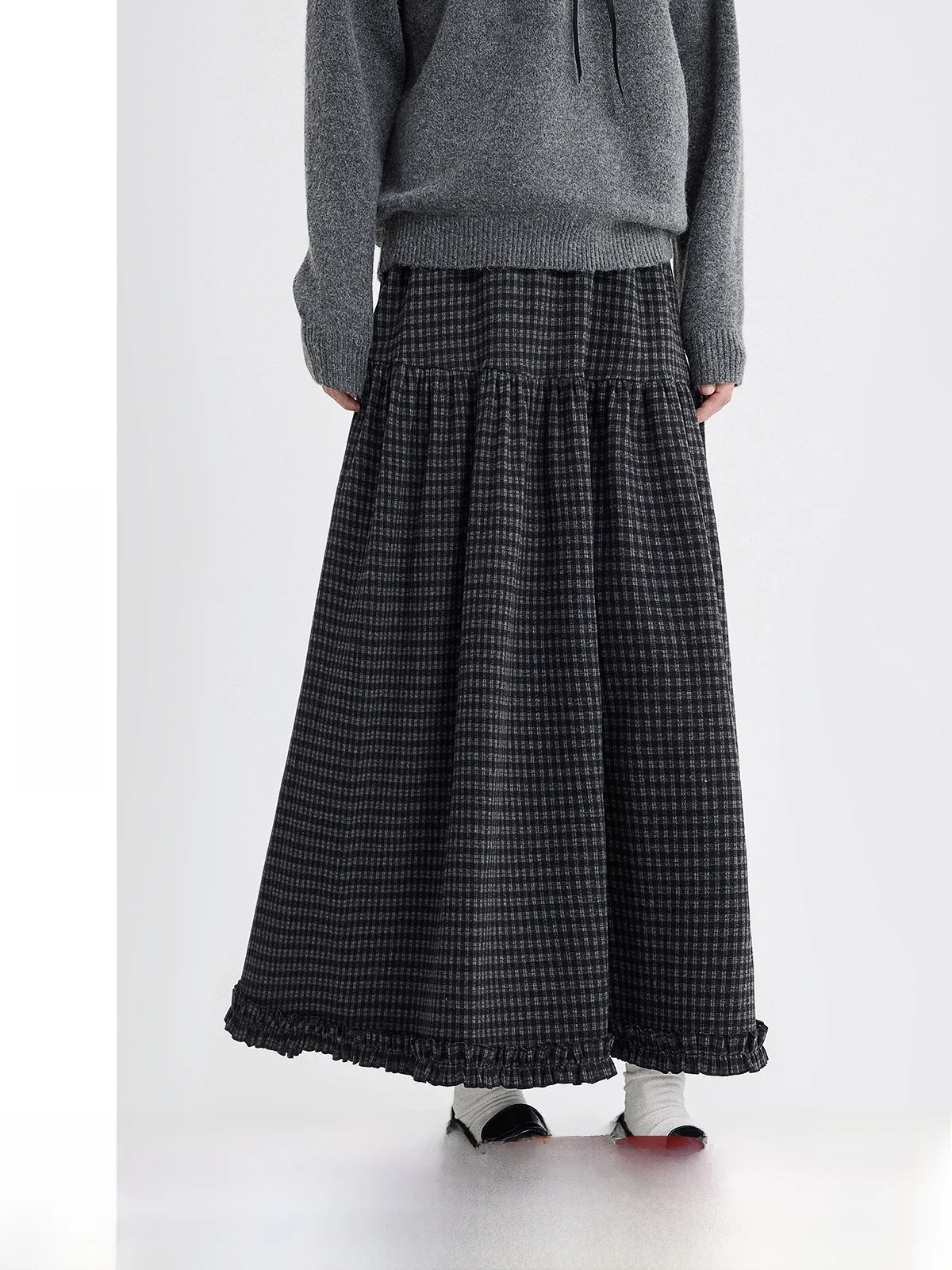 

High Waist A-Line Skirt Women's Checkered Wool Spring 2026 New Lace Splicing Slimming Skirt Casual Style Ladies' Fashion