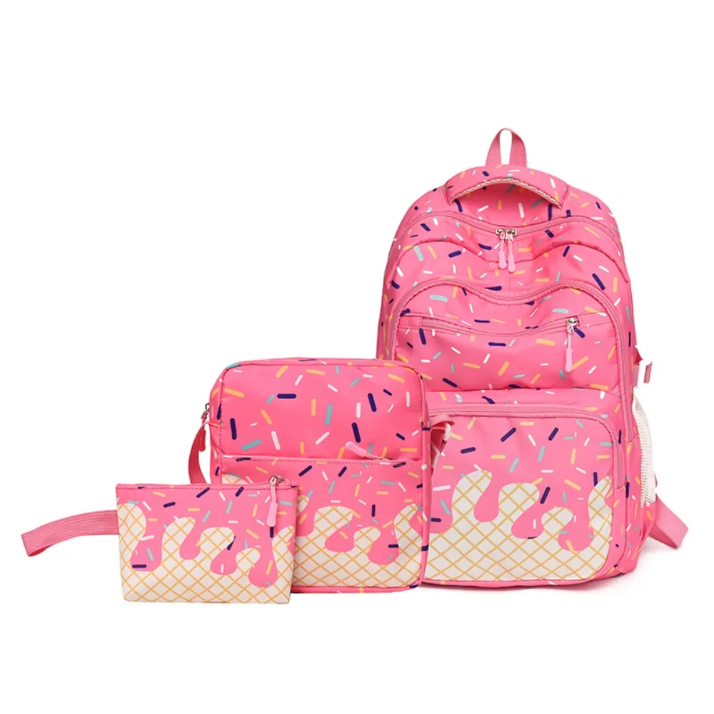 3PCS Stylish Ice Cream Print Backpack Set Lightweight Spacious School Backpack Waterproof Durable Printed Schoolbag Campus