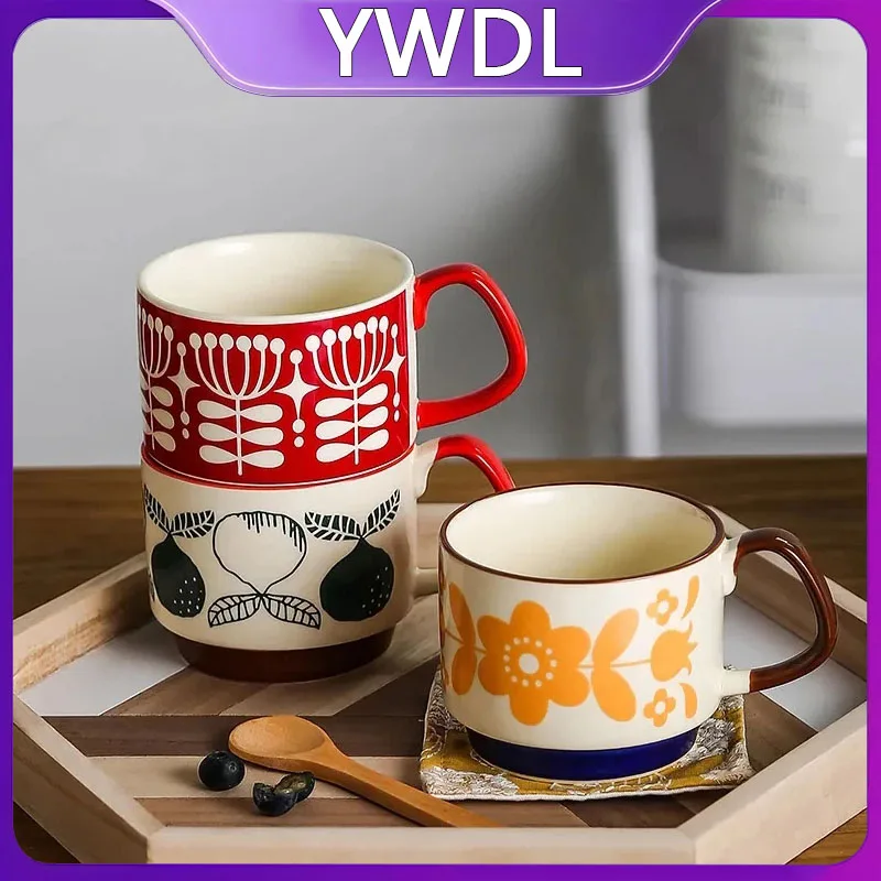 YWDL Japanese Flower Coffee Mug Set Retro Ceramic Milk Oats Mug Office Water Handgrip Cup Kitchen Party Drinkware Set 300ml