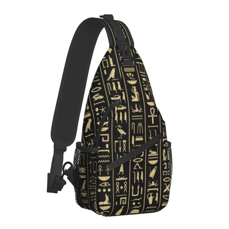 สีดำ Hieroglyphics ทองสลิง Crossbody กระเป๋าผู้ชาย Cool โบราณวัฒนธรรมอียิปต์กระเป๋าเป้สะพายหลังสำหรับเดินทา...