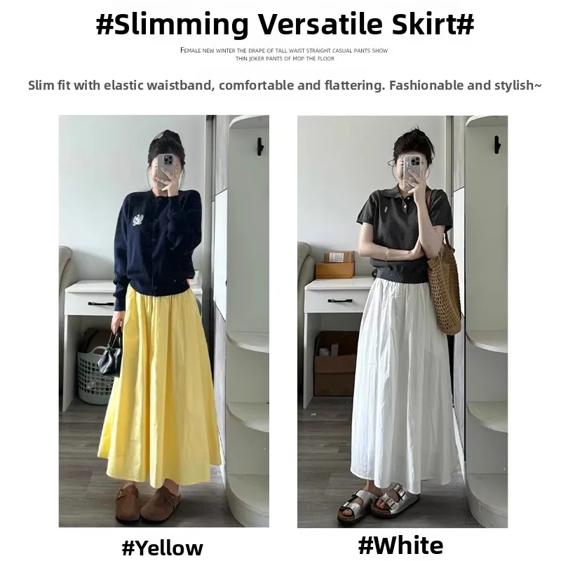 Yellow Spring Autumn Women's High Waist Slim A-Line Midi Skirt Large Hem Pendulous Umbrella Skirt Casual Style PVC Fabric