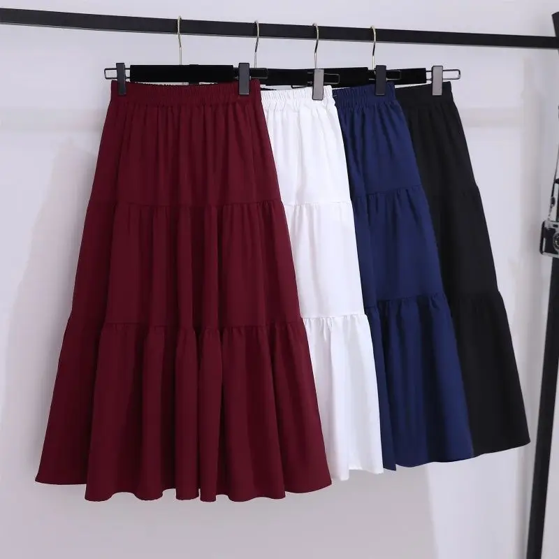 Versatile Elastic Waist Mid Length Cake Skirt Spring/Summer New Big Swing A-line Skirt High Waist Hundred Pleats Half Skirt