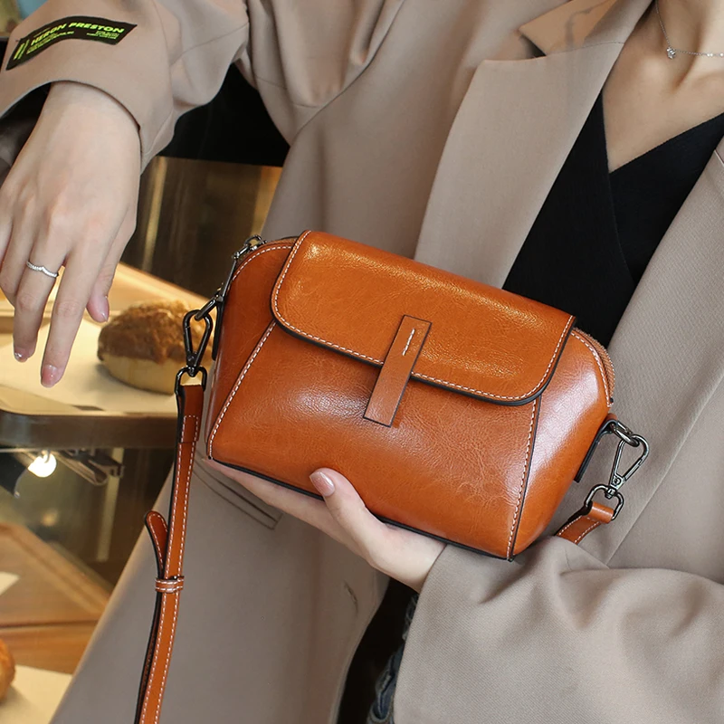 Oil Wax Cowhide Genuine Leather shoulder Crossbody Small Bag for Woman Fashion Versatile Shell bag Lady Casual Phone Bag image 5