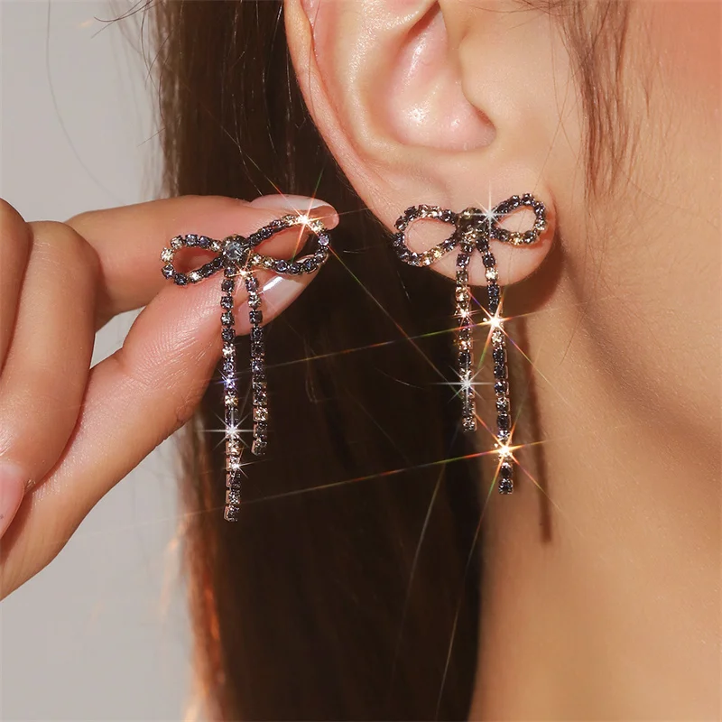 Elegante Strass-Schleifen-Quasten-Ohrringe für Frauen, lebendige, zarte, bunte Kristall-Quasten-Ohrringe, Party-Schmuckzubehör – Detail 3