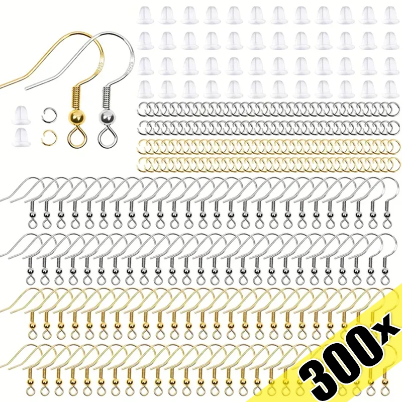 300pcs/set Hypoallergenic Earring Hook Kit Mix-color Ear Wires Fish Hooks Open Jump Rings Earplugs For DIY Jewelry Making